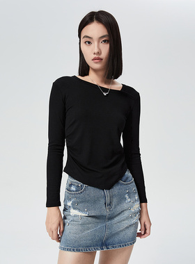 普普风2025年秋季斜领长袖上衣圆弧下摆不规则设计感打底衫女9722