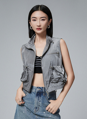 普普风酷感抽皱口袋马甲女2024秋季新款街头风无袖短款外套21401