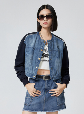 普风牛仔外套女复古做旧撞色拼接ins潮褶皱袖小个子通勤百搭2216L