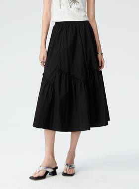 普普风2025年秋季时尚气质显瘦松紧腰半身裙花边中长款半裙女9716