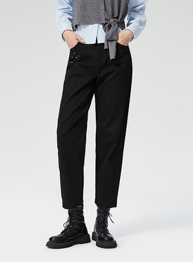 普普风商场同款秋季新款高腰黑色牛仔裤女轻奢撞钉女朋友裤23335