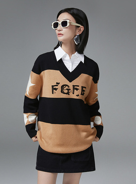 普普风秋冬上衣女慵懒松弛显瘦宽条V领新品长袖针织衫毛衫21950L