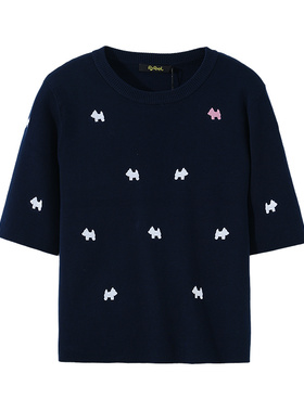 普普风商场同款2025年秋季圆领短袖小狗针织衫满屏绣花毛衫23143