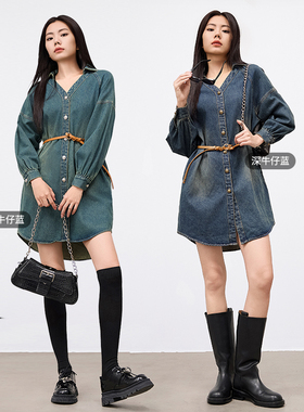 普普风v领宽松牛仔衬衫连衣裙女宽松显瘦显腿长2024夏季新款7527