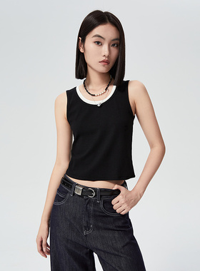 普普风商场同款2025年秋季修身休闲拼接圆领针织衫拼色背心23109