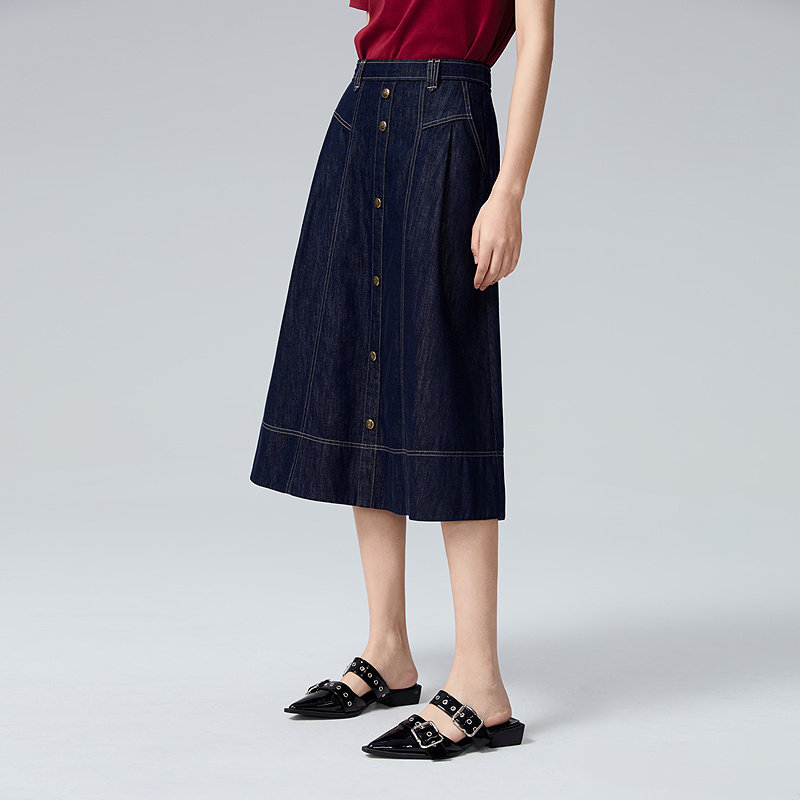 普普风商场同款女装复古优雅中长款半身裙线迹牛仔长伞裙女22522