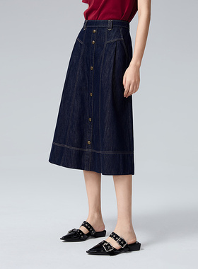 普普风商场同款女装复古优雅中长款半身裙线迹牛仔长伞裙女22522