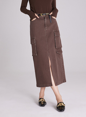 普普风复古风帅气工装牛仔直筒长裙女2024夏季新款半身裙20570