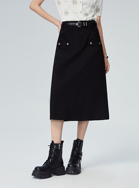 普普风商场同款百搭中长款半身裙工装口袋A字显瘦中长半裙女22903