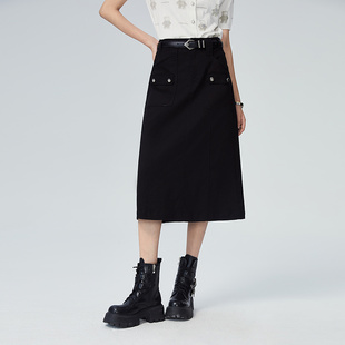 普普风商场同款百搭中长款半身裙工装口袋A字显瘦中长半裙女22903