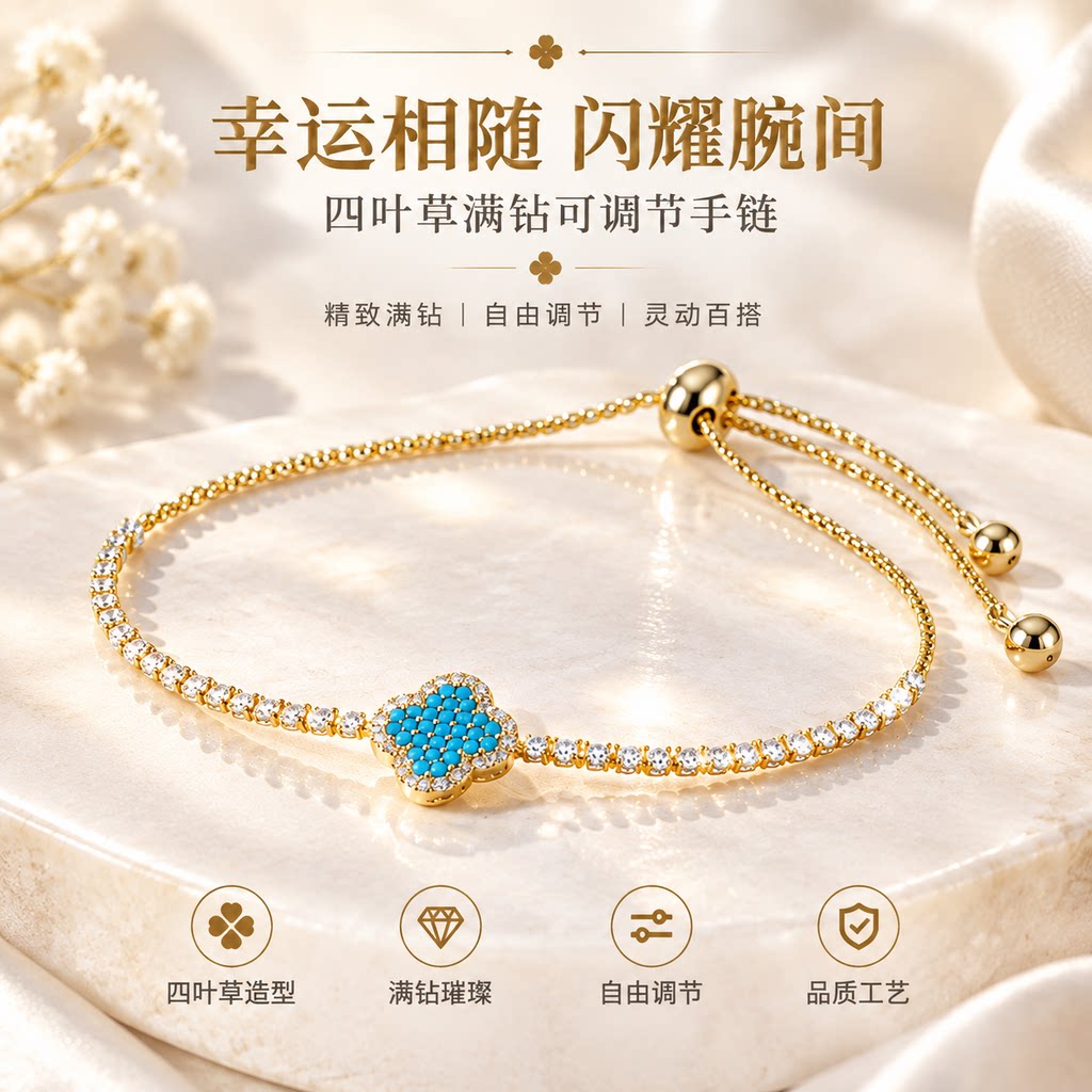 幸运四叶草手链女 满钻闪耀 可调节大小 金色轻奢百搭 送闺蜜礼物