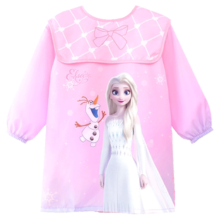 迪士尼儿童罩衣女童防水防脏卡通爱莎公主加长美术画画衣女孩围裙