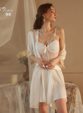 瑰若品牌大码睡衣胸垫钢圈聚拢蕾丝露背吊带睡裙女家居服套装2044