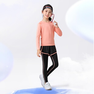 春夏女童训练健身套装速干长袖T恤透气跑步网球户外运动两件套
