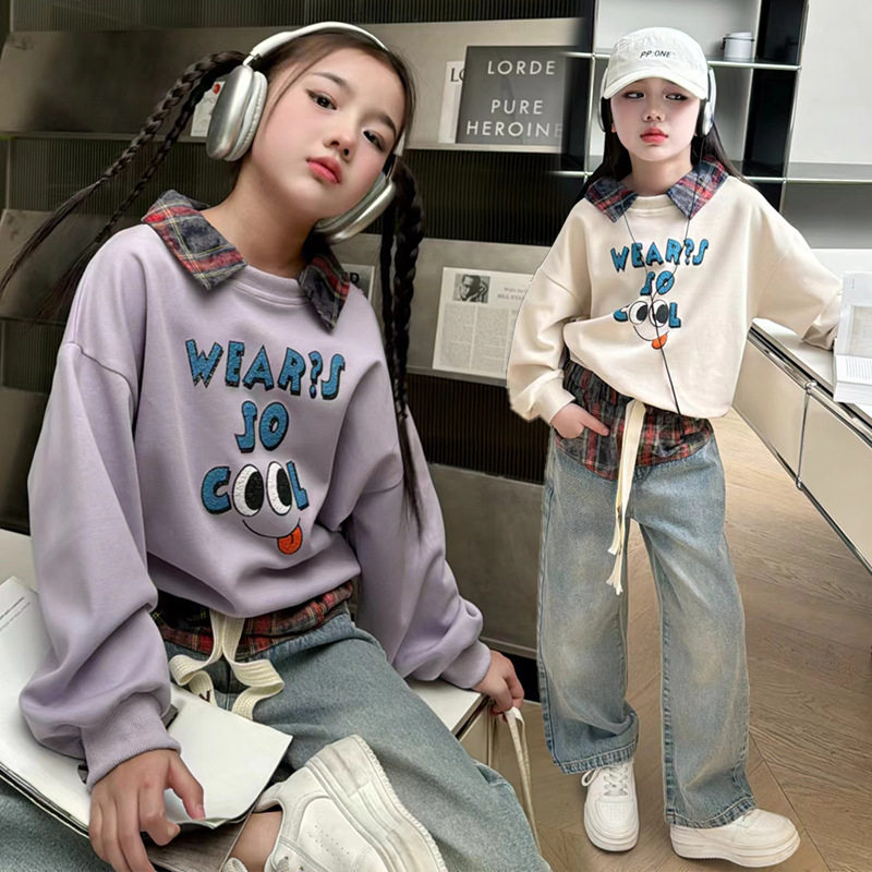 春款新品女孩子休闲套装儿童韩版印花格子假两件卫衣牛仔裤两件套