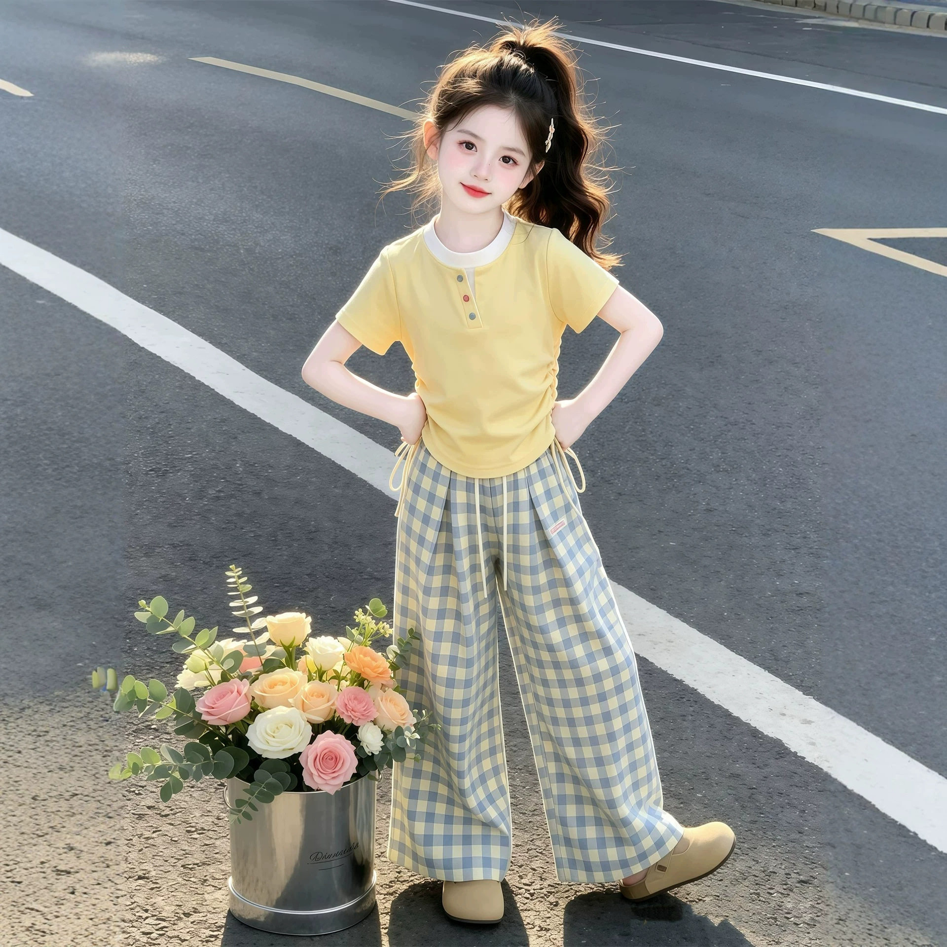 女童夏季套装韩系小女孩简约小清新假两件短袖T恤格子长裤两件套