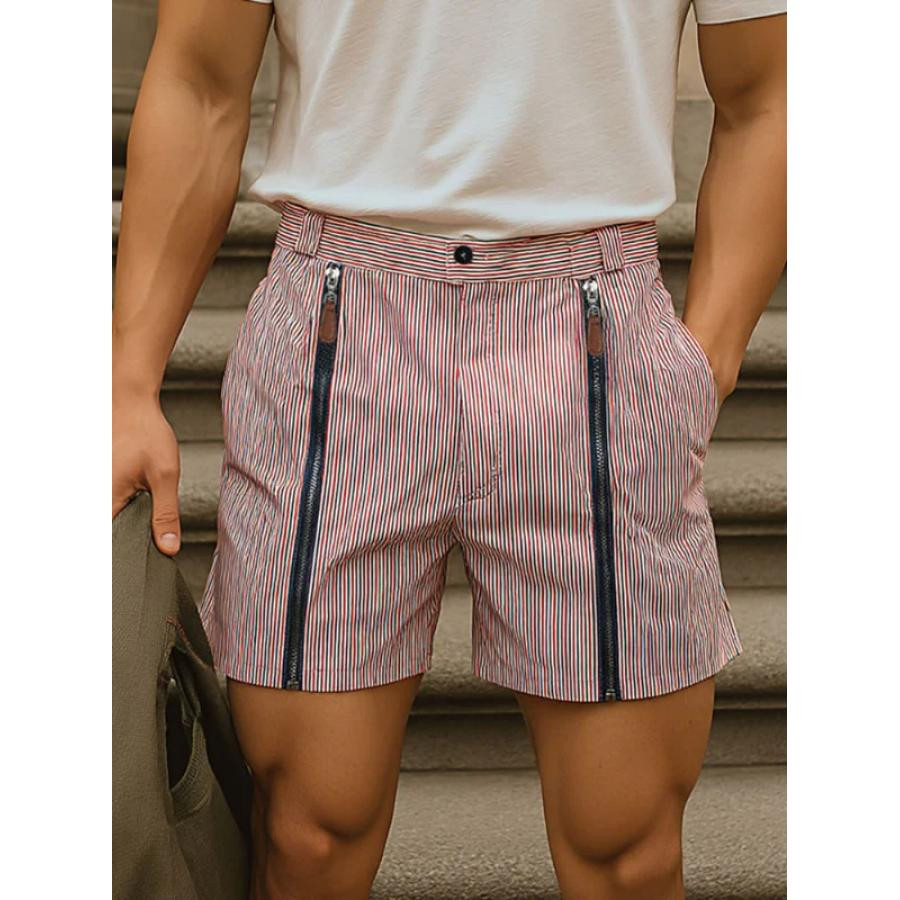 美女当家英国代购2025夏季竖条纹拉链装饰时尚设计感休闲男士短裤