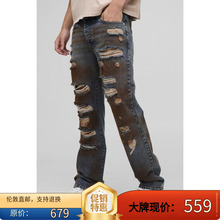 Z美女当家英国代购2025年夏季新款深色复古破洞美式街头牛仔长裤