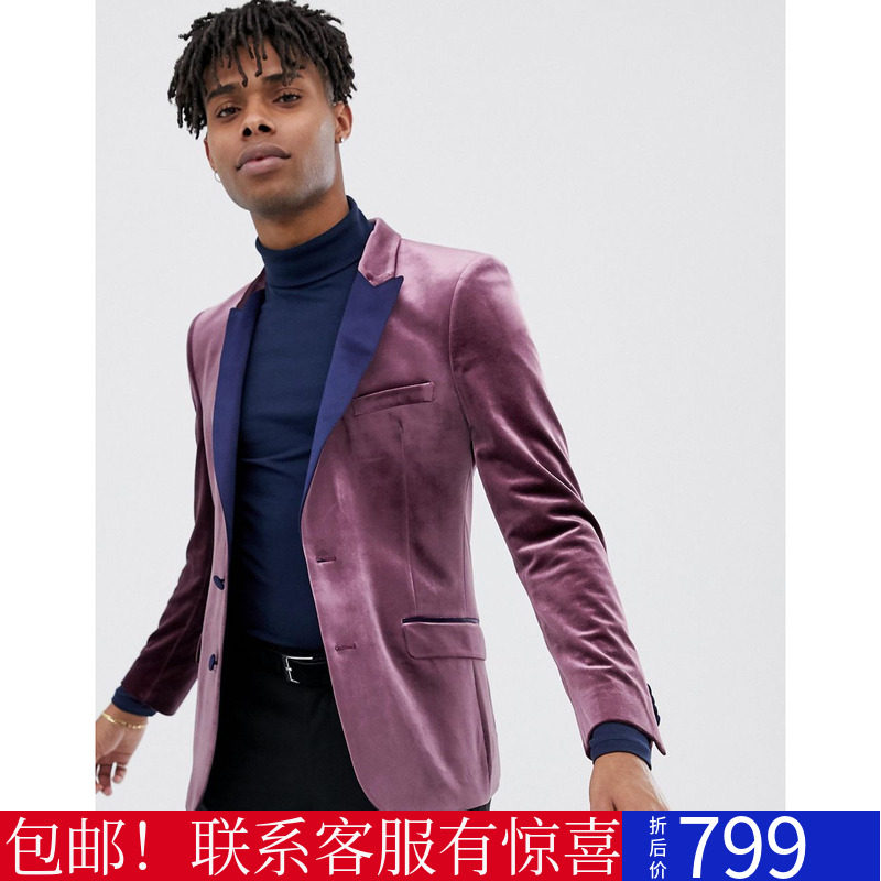 R美女当家英国直邮大牌型男紫色天鹅绒质感青年冬季帅气西装外套