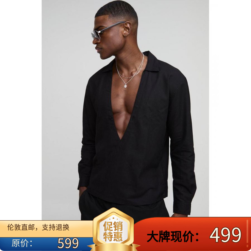 Z美女当家英国代购2025新款时尚深V性感休闲男士吸睛帅气长袖衬衣