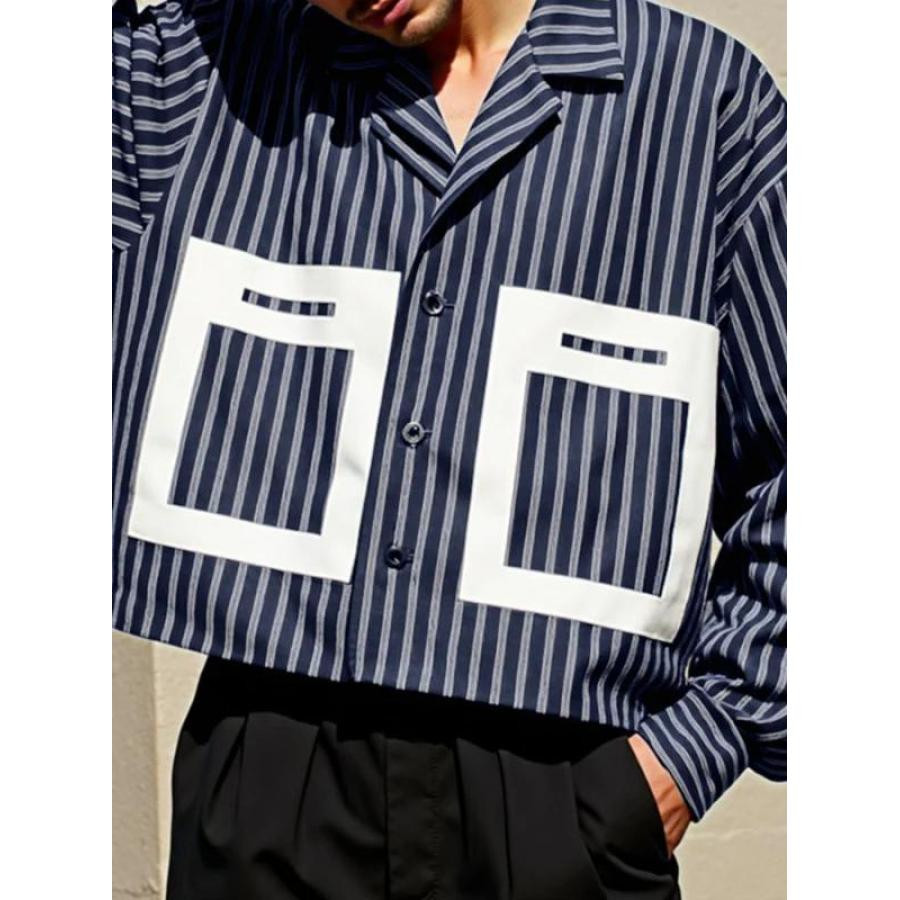 赞美女当家英国代购2025新款古巴领通勤条纹男士时尚百搭长袖衬衣