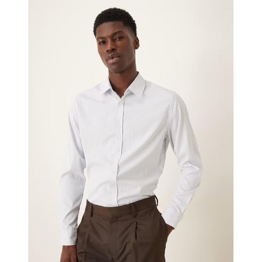 美女当家英国代购新款蓝色细条纹翻领纽扣门襟修身通勤风男装衬衫