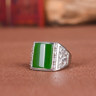 新款新疆和田玉碧玉戒指925银镶嵌马鞍戒面男款活口戒指天然玉石