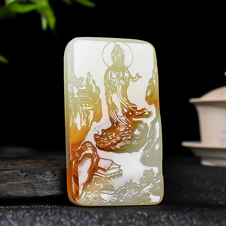 天然和田玉青白玉籽料观音玉牌子吊坠新疆玉器观音菩萨玉石挂件