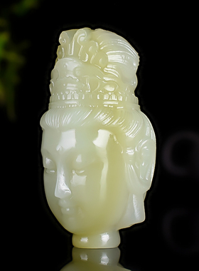 和田玉青白玉精雕观音头手把件