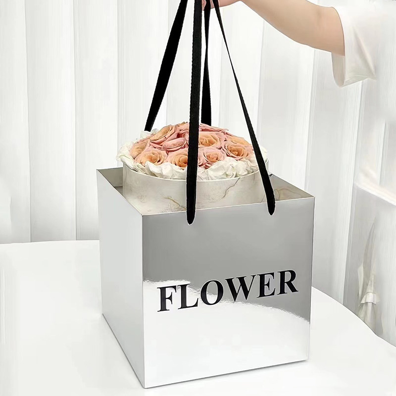 正方形镜面手提袋鲜花包装手拎袋礼品礼盒创意花束包装花盒子