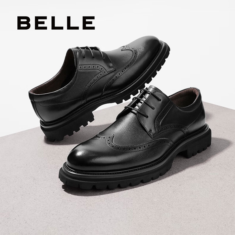 百丽通勤商务鞋男鞋牛皮革德比鞋系带布洛克雕花正装皮鞋A1418AM4