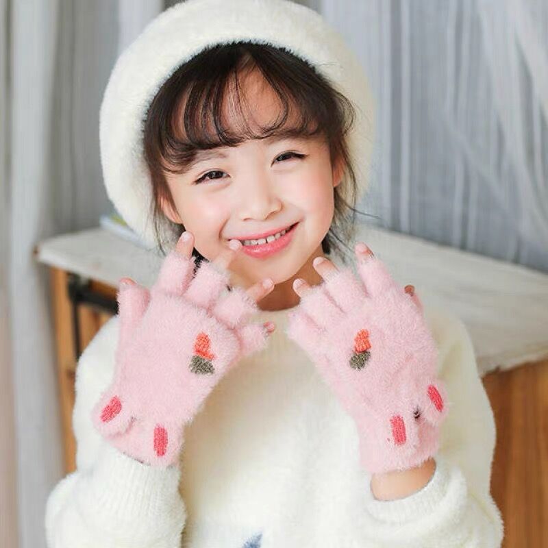 2022新款暖手宝卡通萝卜兔活泼可爱秋冬翻盖半指防寒毛绒儿童手套