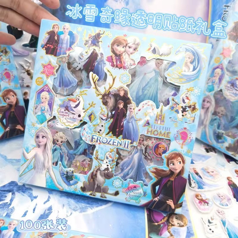 冰雪手账贴纸礼盒可爱卡通少女心艾莎安娜儿童咕卡透明粘贴画防水