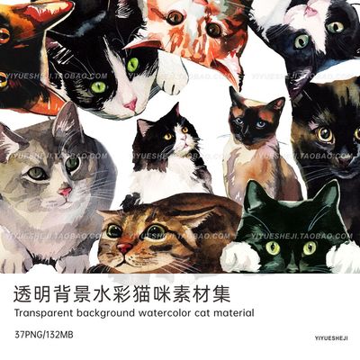 png透明背景水彩猫咪剪贴画电子手帐平面设计免扣素材1