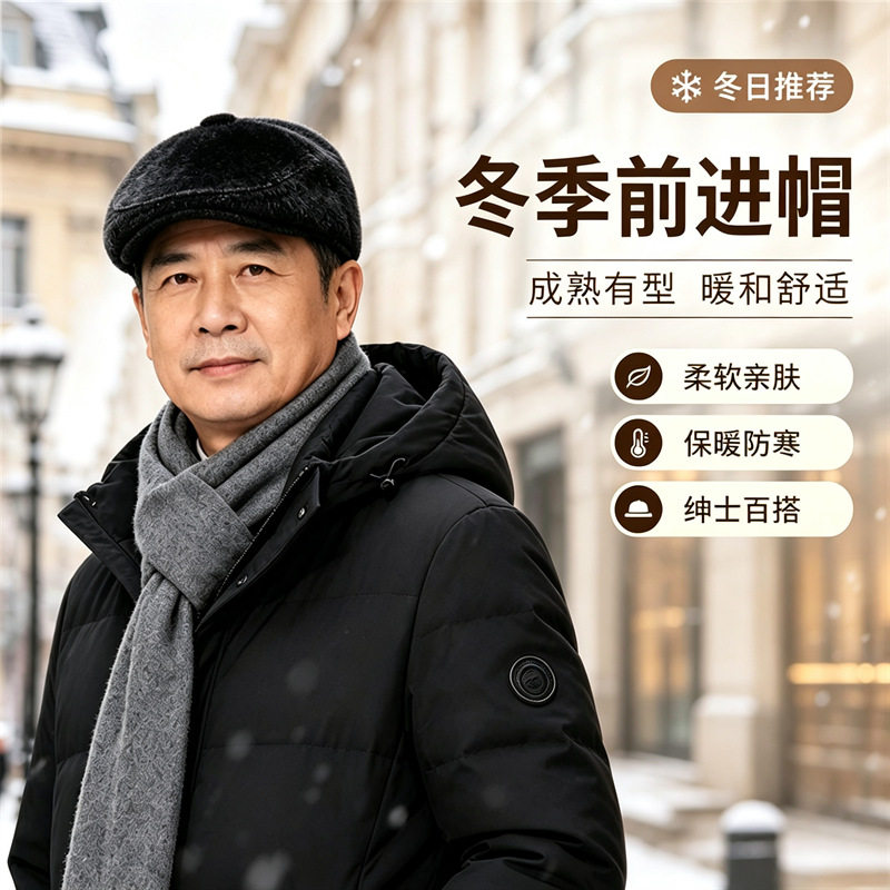 中老年貂毛帽子男士爸爸平顶帽护耳老人帽秋冬保暖舒适老头鸭舌帽