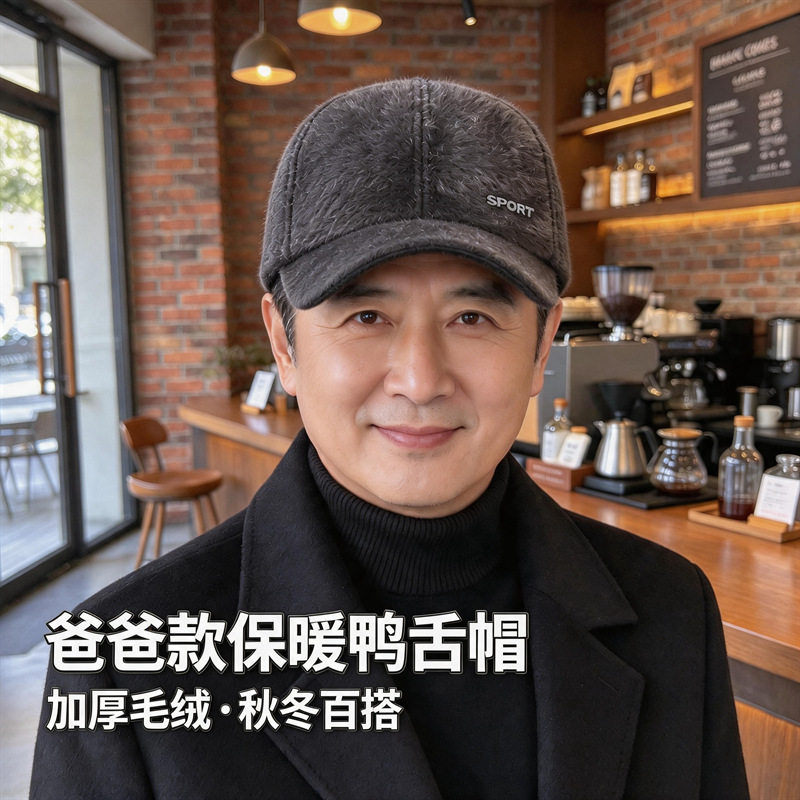 新款棒球帽子男士中老年加绒护耳保暖加厚鸭舌帽骑行户外毛呢御寒