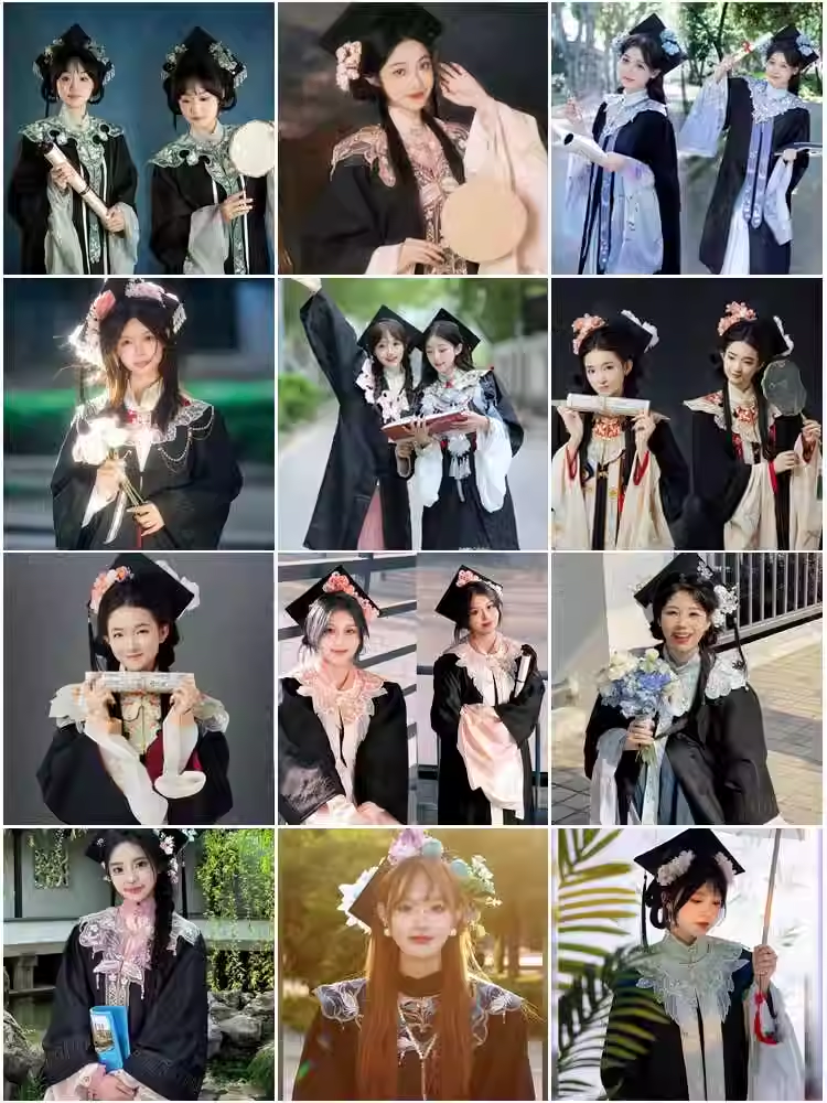 出租簪花学士服明制云肩汉服大学生毕业照学士帽成人礼拍照写真