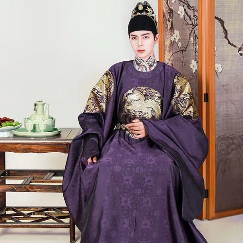 出租明制紫色圆领袍男古风婚礼父亲服装婚礼主持人七夕节汉服秀