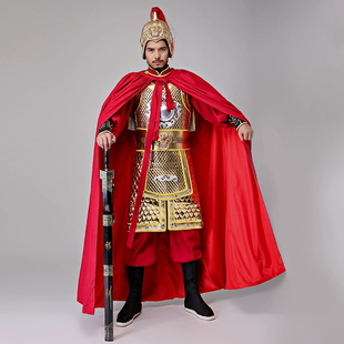 金色铠甲披风 古代盔甲将军大帅大将戏服岳飞演出服装 出租古装 男款