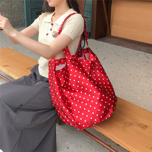 韩版ins超火波点水桶包女百搭撞色尼龙托特包学生上课单肩手提袋