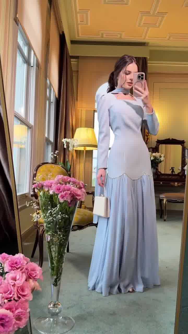 阿拉伯中东新款手工镶钻织带设计长袖淑女修身连衣裙