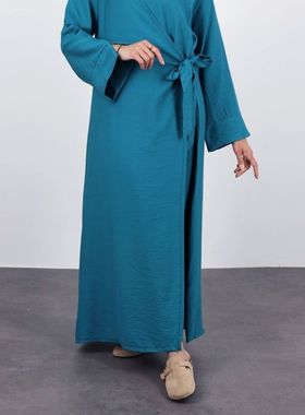 中东沙特阿拉伯迪拜马来系带长袍连衣裙Arabic Women Robe Caftan