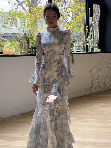 新款时尚修身系带印花连衣裙长袖长裙Printed satin dress