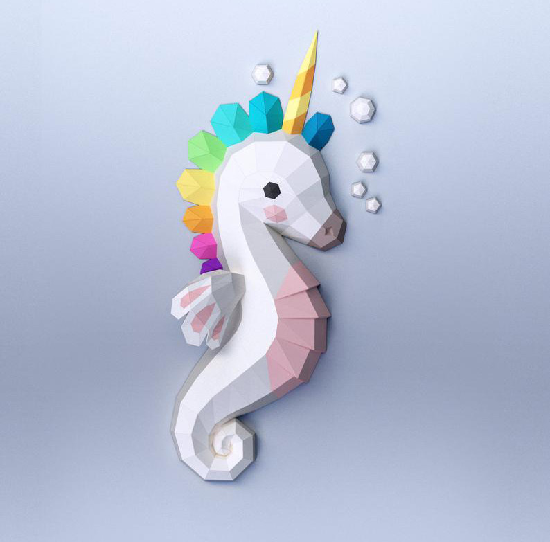 欧美创意3d纸模壁挂白色海马独角兽纸diy材料纸挂件手工制作包邮