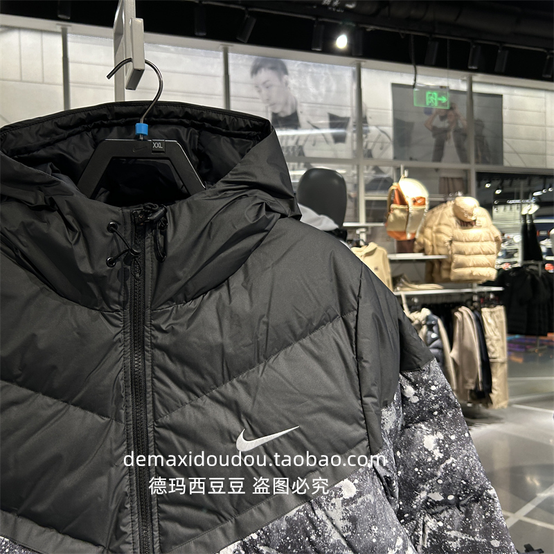 Nike耐克羽绒服男冬新款防风拒水连帽夹克拼接印花外套HQ4184-010