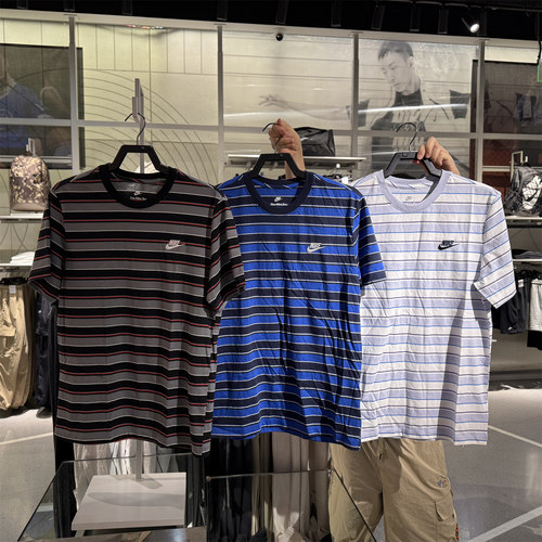 Nike耐克短袖男夏新款刺绣小LOGO宽松透气条纹运动T恤HJ0551-011