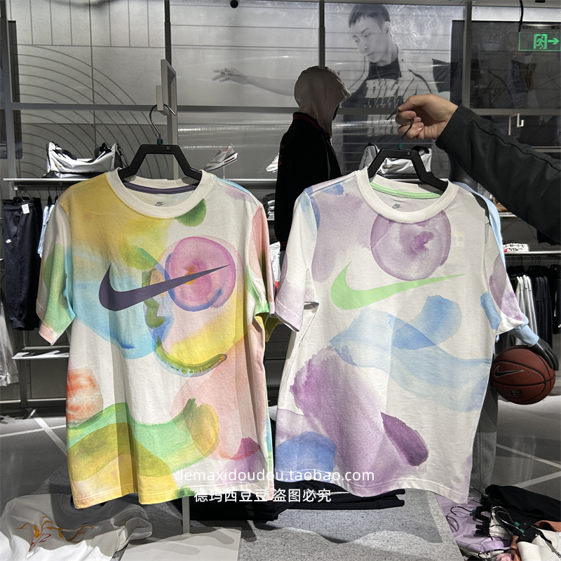 包邮正品NIKE耐克女子拼色扎染休闲运动宽松圆领短袖T恤 HF6178