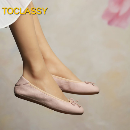 【福利体验款】TOCLASSY真皮蝴蝶结芭蕾舞平底鞋蛋卷大码女软单鞋