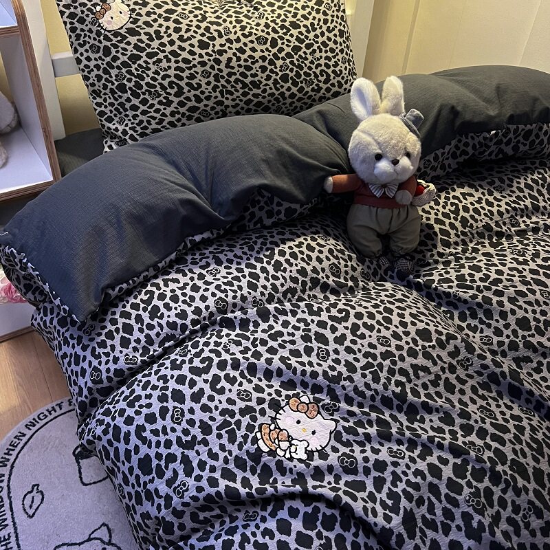 ins高级深灰色豹纹猫咪床上四件套时尚卡通刺绣被套宿舍床单3件套