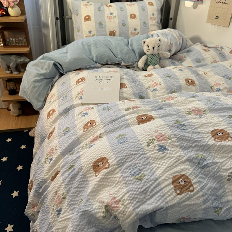 ins韩式风蓝色田园碎花小熊四件套卡通泡泡棉被套宿舍床单三件套